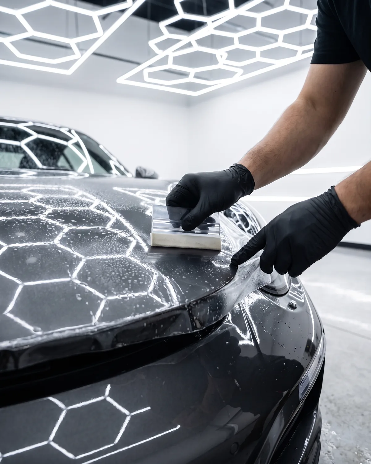 Lackschutzfolie wird mit dem Rakel auf eine Motorhaube aufgezogen