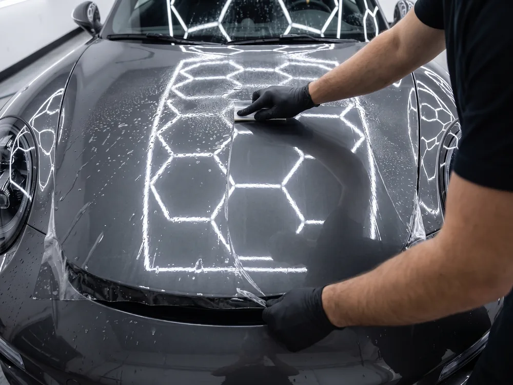 Motorhaube mit frisch ausgestrichener Lackschutzfolie und letzten Wassertropfen